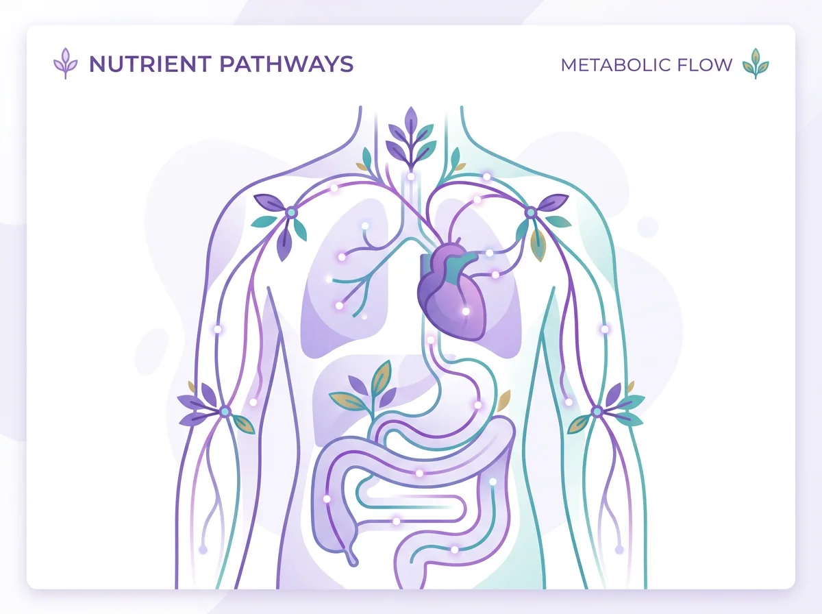 Clean minimal flat illustration of nutrient pathways: abstract colourful lines and geometric shapes on white background