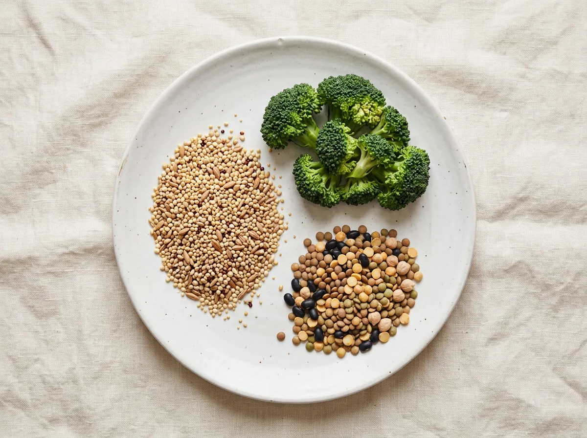 Chromium-rich whole grain seeds and broccoli on white plate - chromium normal blood glucose support